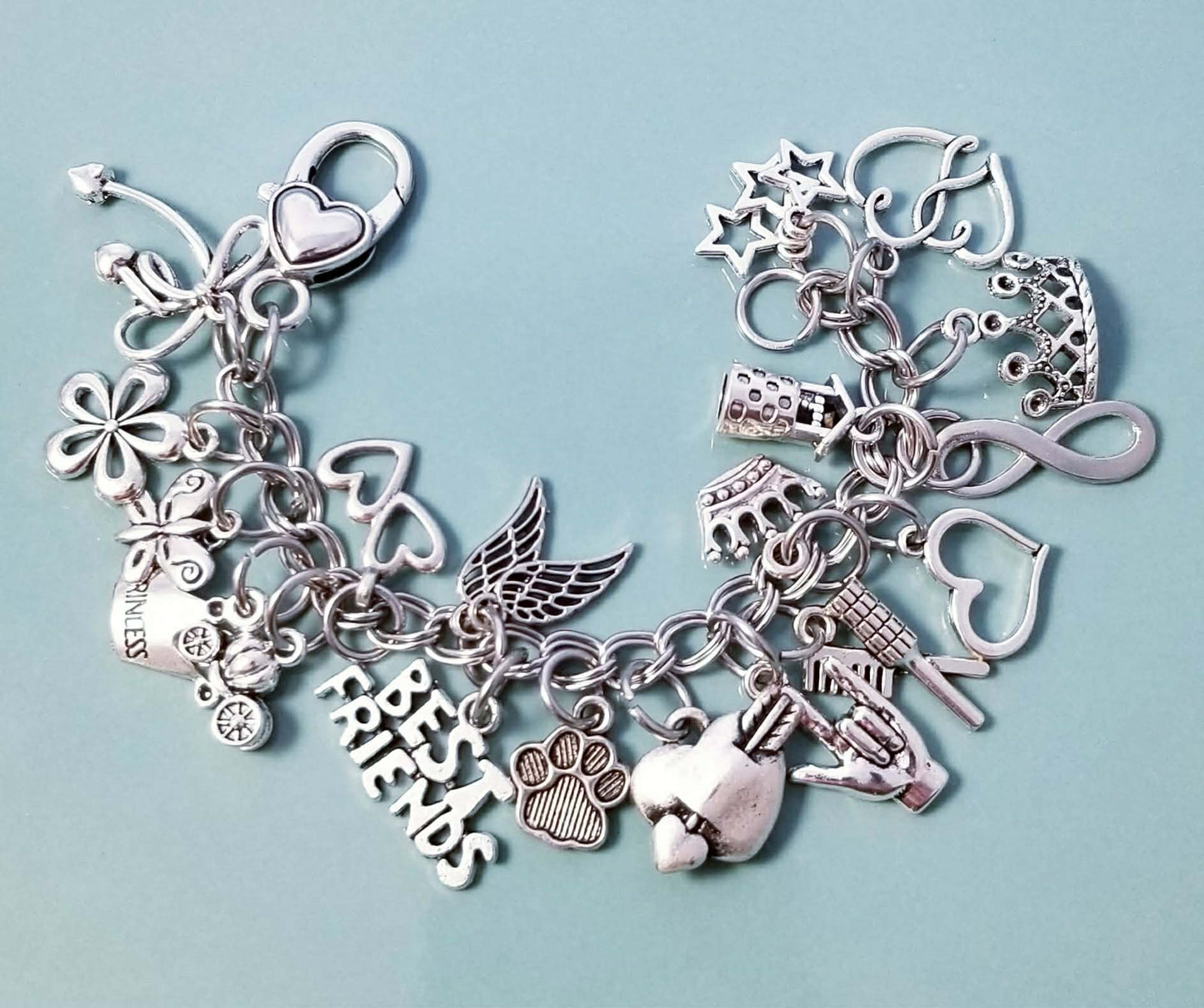 6 Inch Chunky Charm Bracelet - Stainless Steel Princess Fairytale Bracelet with Heart Clasp