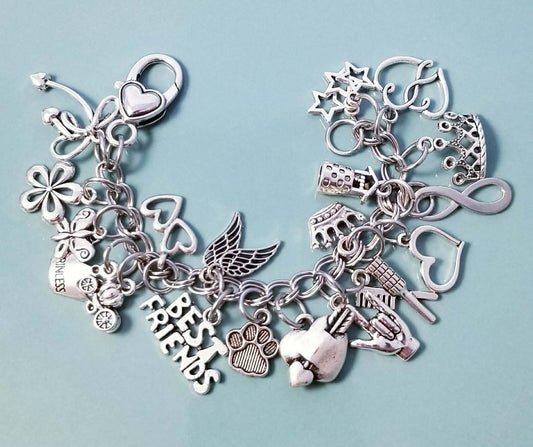 6 Inch Chunky Charm Bracelet - Stainless Steel Princess Fairytale Bracelet with Heart Clasp