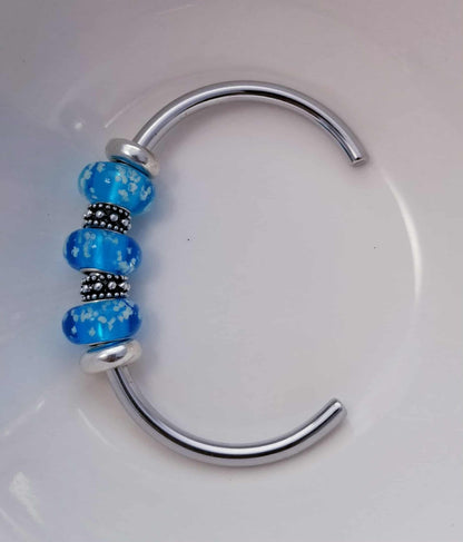 Silver Bangle /Glow in the Dark Glass Murano Charms European Rubber Stopper 8 In