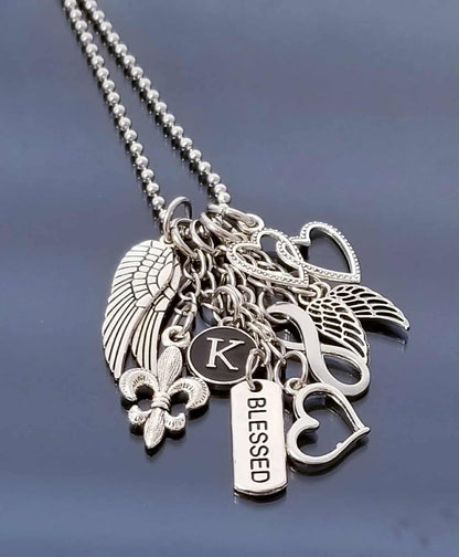 Stainless Steel Ball Chain Charm Necklace - 23.6 Inch with Angel Wings, Fleur de Lis & Letter K