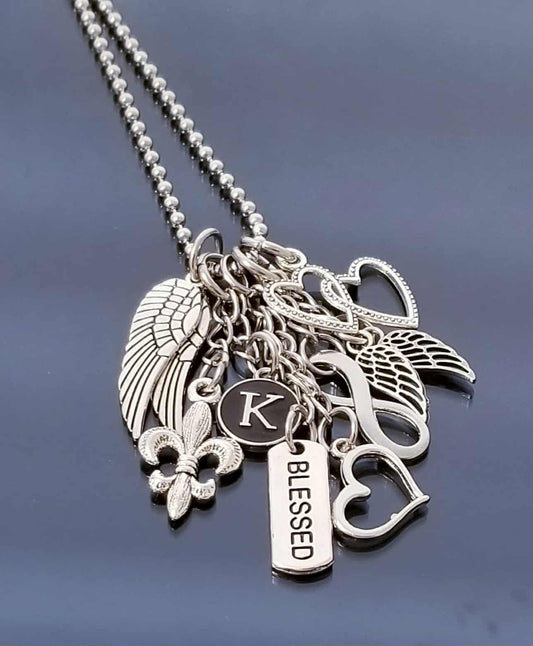 Stainless Steel Ball Chain Charm Necklace - 23.6 Inch with Angel Wings, Fleur de Lis & Letter K