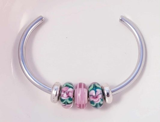 Silver Bangle /Blue Green Pink Glass Murano /Big Hole Beads /Beaded / Fit Pandora /8 Inch