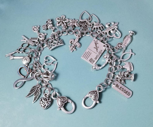 9.5" Chunky Charm Bracelet | Silver Charm Bracelet 9.5" Loaded with Whimsical Charms