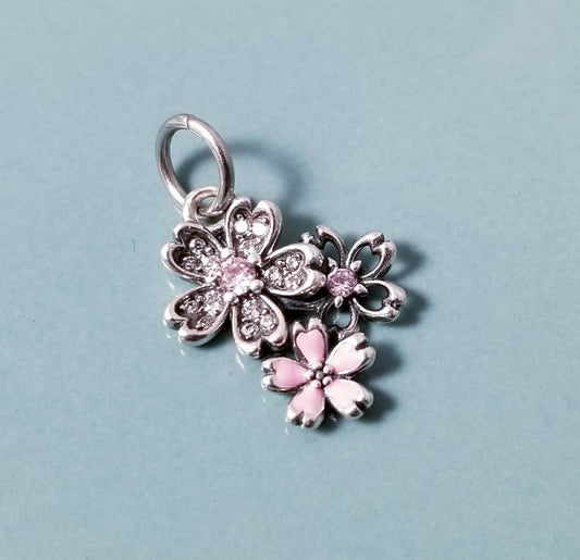 Pink Cherry Blossom Charm - Flower Charm with CZ