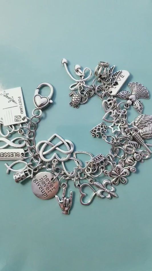 Chunky Loaded Charm Bracelet - 8 Inch Stainless Steel with Hearts, Flowers & Inspirational Charms