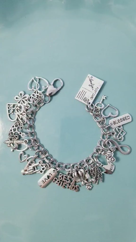 Chunky Charm Bracelet /Charm Bracelet /Charms on Bracelet /Dangle Charms /Clipon Bracelet /Heart Lobster Clasp /Silver Charm /Postcard 7.5