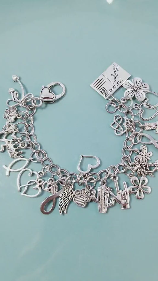 Chunky Charm Bracelet 7.5" - Stainless Steel Double Link with Removable Heart Clasp Extender