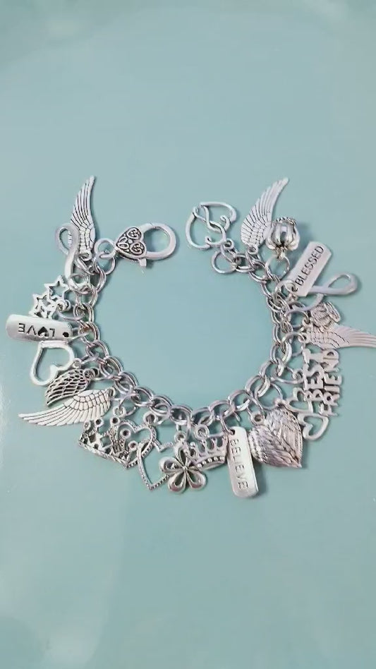 Chunky Charm Bracelet with Lots of Charms /Angel Wings / Entwined Hearts /7 In