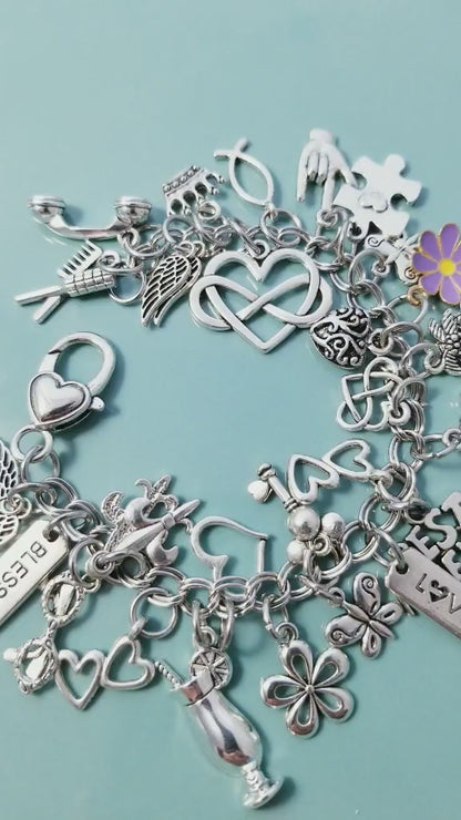 8 Inch Chunky Charm Bracelet -Loaded with Charms -Blessed -Best Friends -Hearts -Brush Comb