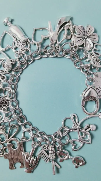 6.5 In Chunky Charm Bracelet - Silver Charm Bracelet Loaded with Lots of Charms - Princess - Angel Wings - Hearts - I Love You -Bow