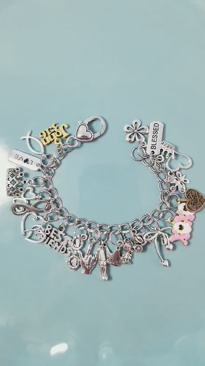 Blessed & Beautiful 7" Chunky Charm Bracelet - Stainless Steel Double Link with Heart Clasp -Flower