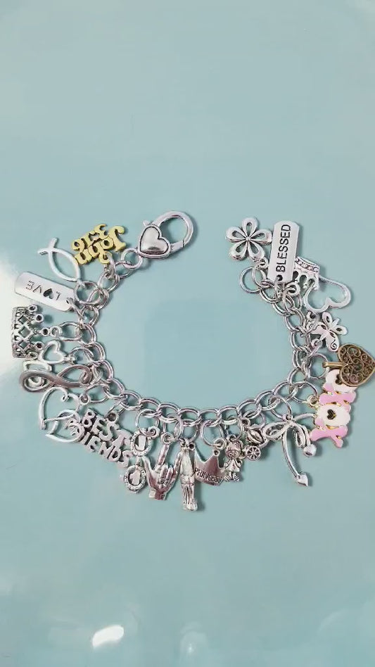 Blessed & Beautiful 7" Chunky Charm Bracelet - Stainless Steel Double Link with Heart Clasp -Flower