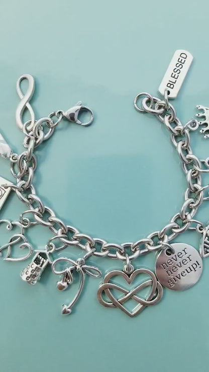 7.5" Chunky Charm Bracelet - Tell Your Story -Hearts -High Heel -Crown -Blessed
