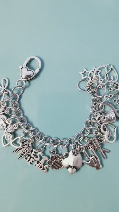 6 Inch Chunky Charm Bracelet - Stainless Steel Princess Fairytale Bracelet with Heart Clasp