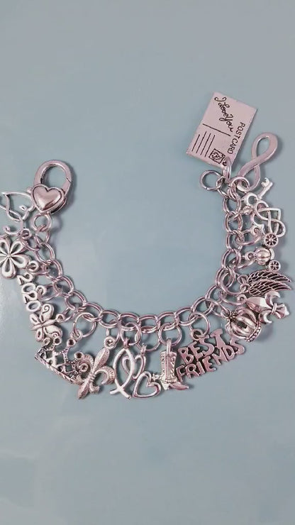 Chunky Charm Bracelet for Women - Loaded with Hearts, Crowns & Best Friend Charms - Stainless Steel Jewelry Gift