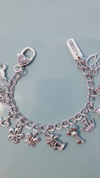 Chunky Charm Bracelet /Silver Chunky Bracelet /Heart Lobster /Hearts Blessed 7.5