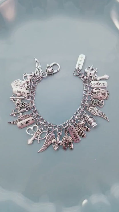 Size 7.5 - 19cm /Chunky Silver Bracelet /Armor of God /Lots of Charms /Believe