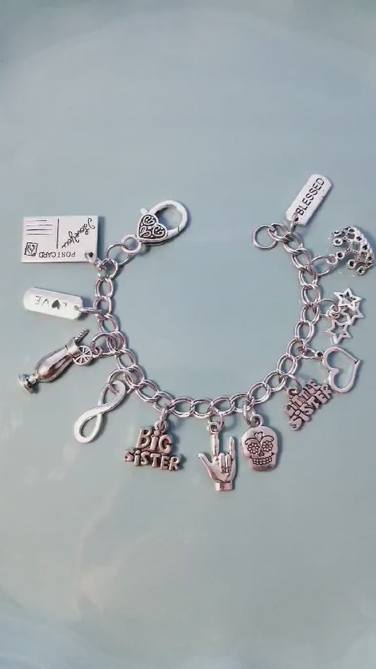 Chunky Charm Bracelet /Silver Chunky Bracelet /Heart Lobster /Sister Blessed 7.5