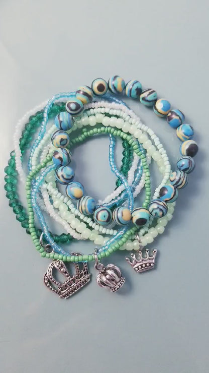 Ocean Royalty Stretch Bracelets - Blues, Greens & Mint with Crown Charms