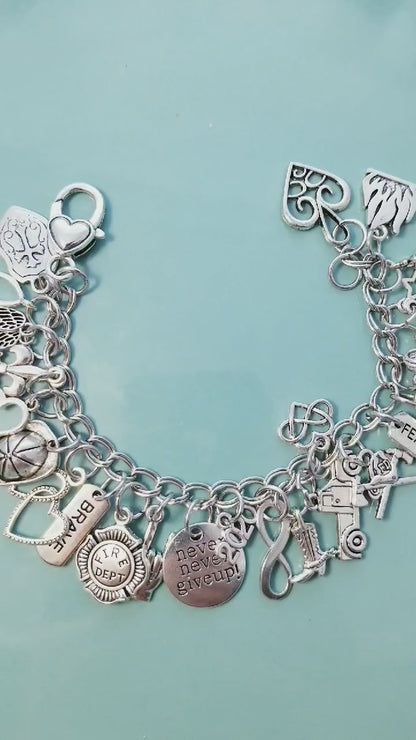 Chunky Charm Bracelet/Chunky Silver Bracelet /Heart Lobster Clasp /Loaded Lots of Charms /Fun Dangle Charms Fire Dept, Fireman 8 In