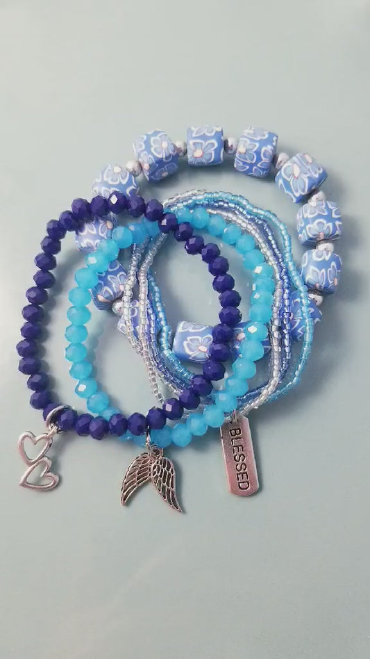Heavenly Blessings Blue Stretch Bracelet Set - Angel Wings, Hearts & Blessed Charms (Set of 7)