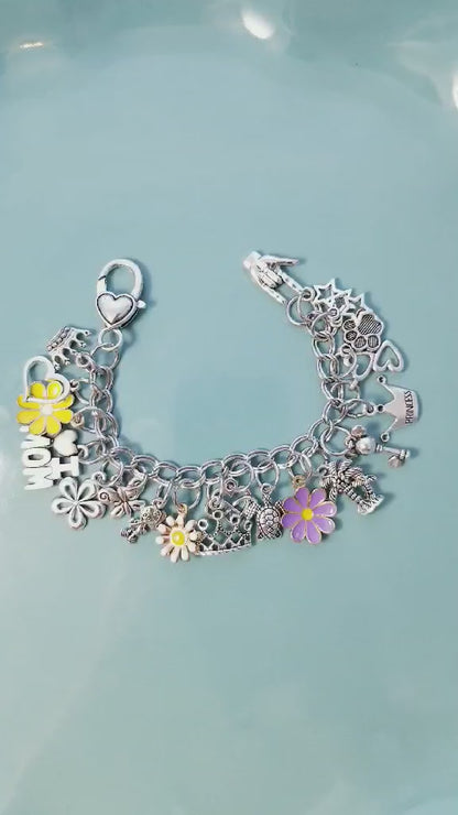 Chunky Charm Bracelet - Flowers & Hearts - Princess - I Love You 6 Inch