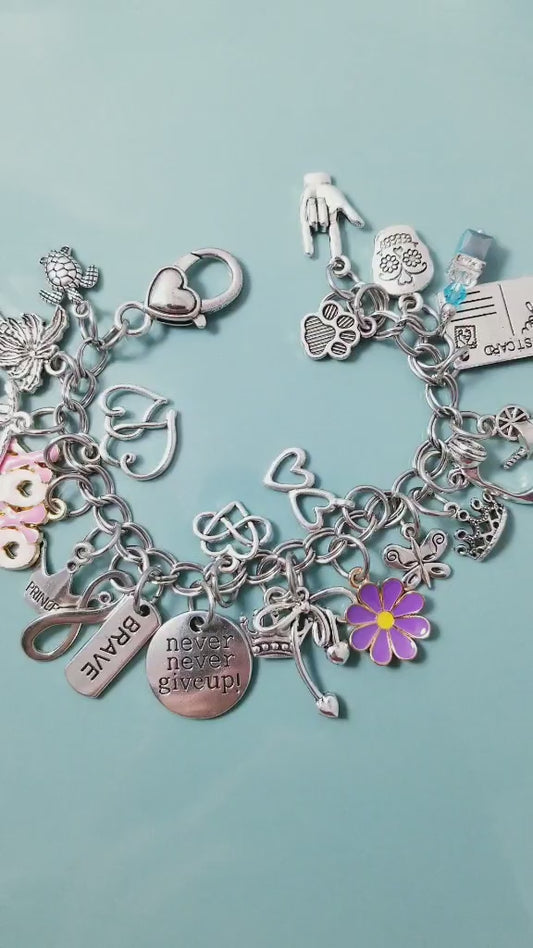 Chunky Charm Bracelet -7.5 Inch XOXO Pink Heart with Purple Daisy, Butterfly, Sloth & Tropical Charms