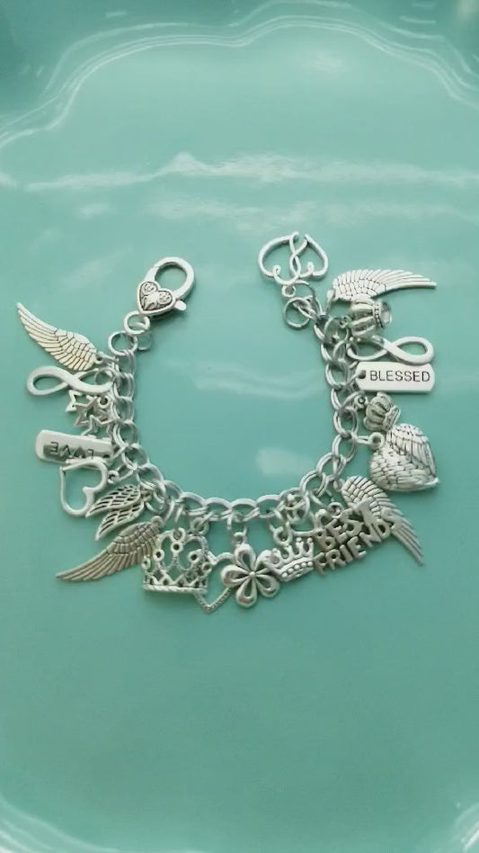 Size 7 18cm Chunky Charm Bracelet with Lots of Charms /Entwined Hearts /