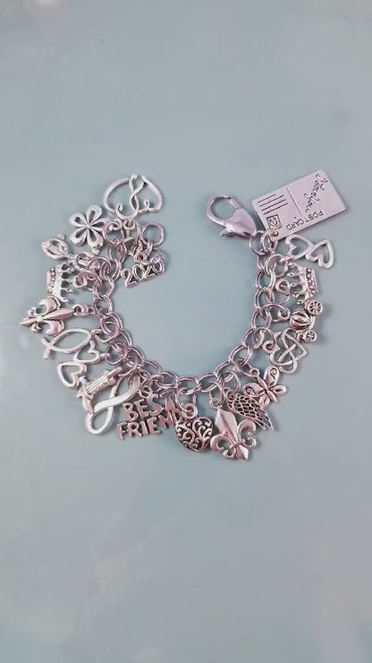 Chunky Charm Bracelet - Silver Heart Clasp - Loaded with Charms