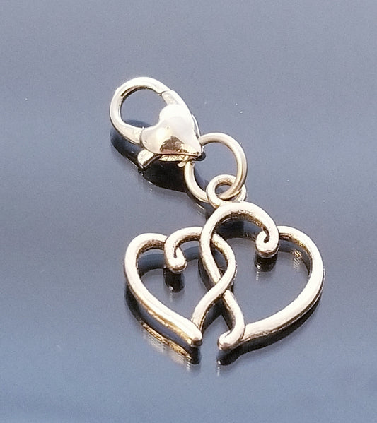 Double Entwined Hearts Charm - Clip On Heart Lobster Clasp